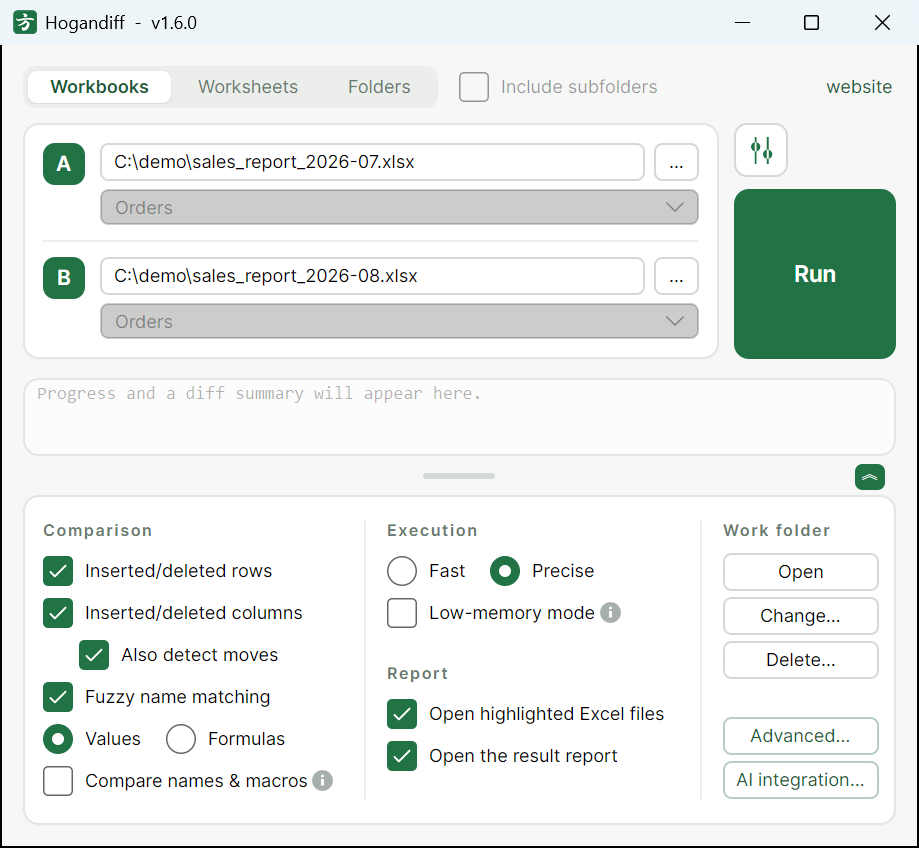 The Hogandiff window with the options panel opened